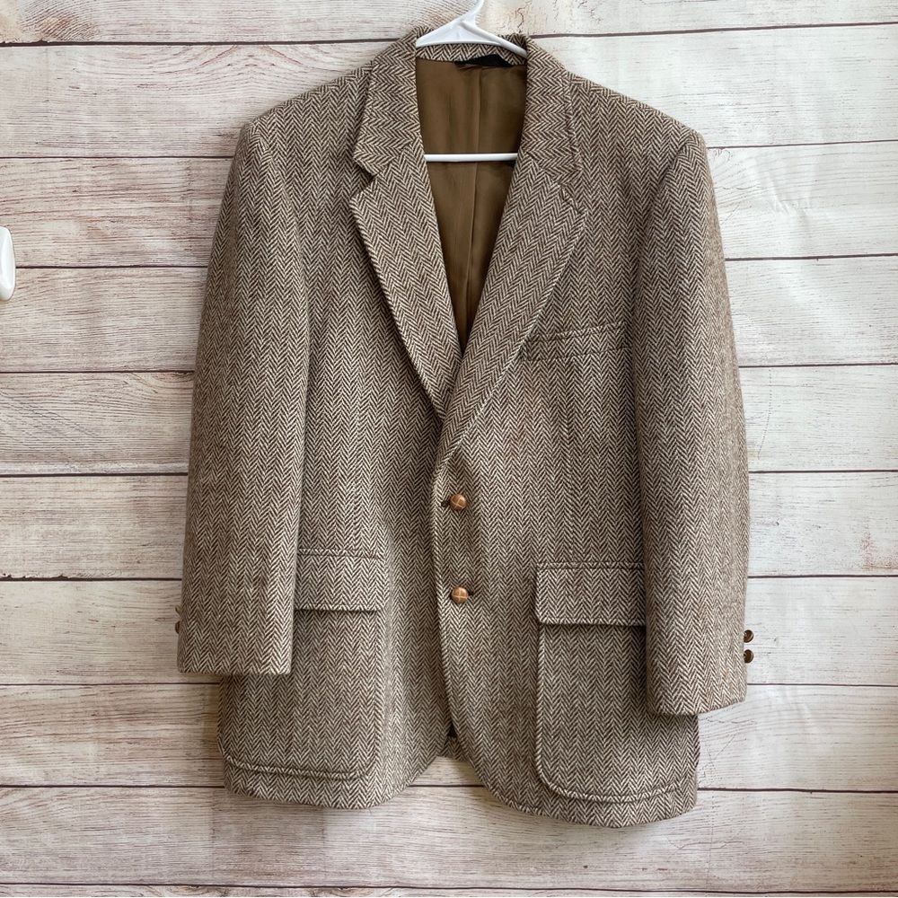 VINTAGE HARRIS TWEED 100% WOOL HERRINGBONE BLAZER IN BROWN‎ AND CREAM
